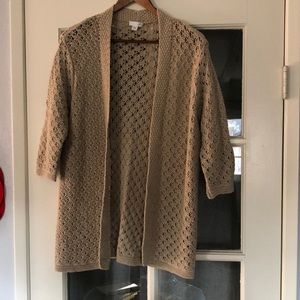 Crochet knit Tan colored lattice long sweater cardigan